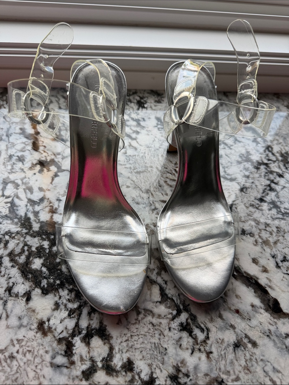 Karl Lagerfeld Silver Metallic Clear Strap Heeled Sandals